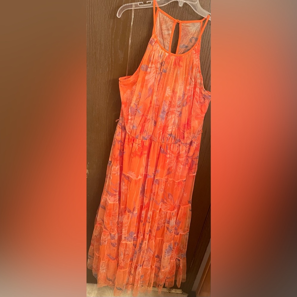Candalite Womens Orange Multicolor Mesh Sleeveless Long Flowy Maxi Dress 2X